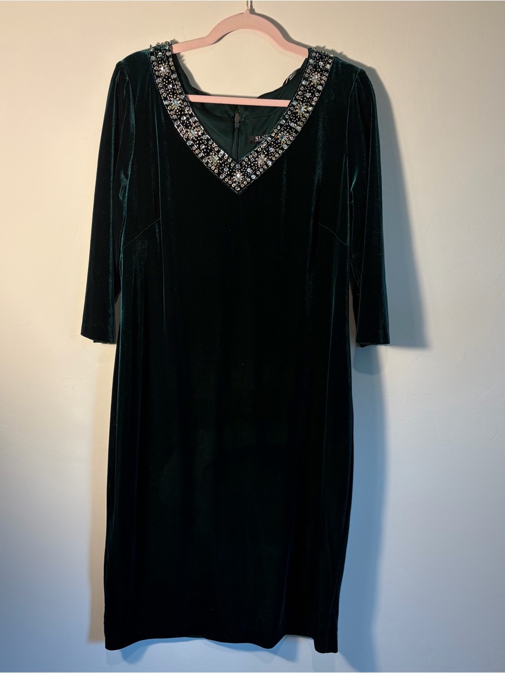 SLNY Dark Green Velvet Midi Dress with Beaded‎ V-Neck
